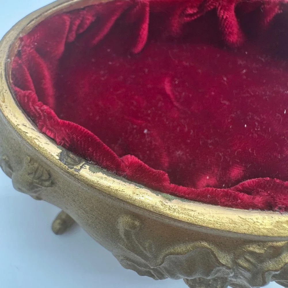 ANTQ Art Nouveau Jewelry Casket Footed Spelter Pot Metal Box Rose Relief Lined
